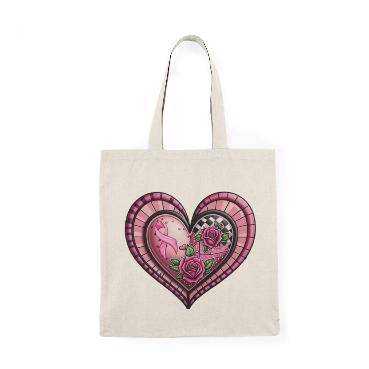 Canvas tote bag featuring a pink heart design with roses and a ribbon.