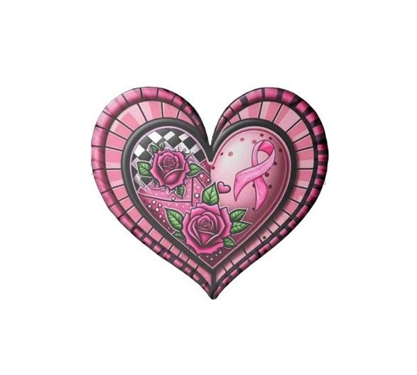 Heart-shaped design with pink patterns, roses, and a breast cancer awareness ribbon.
