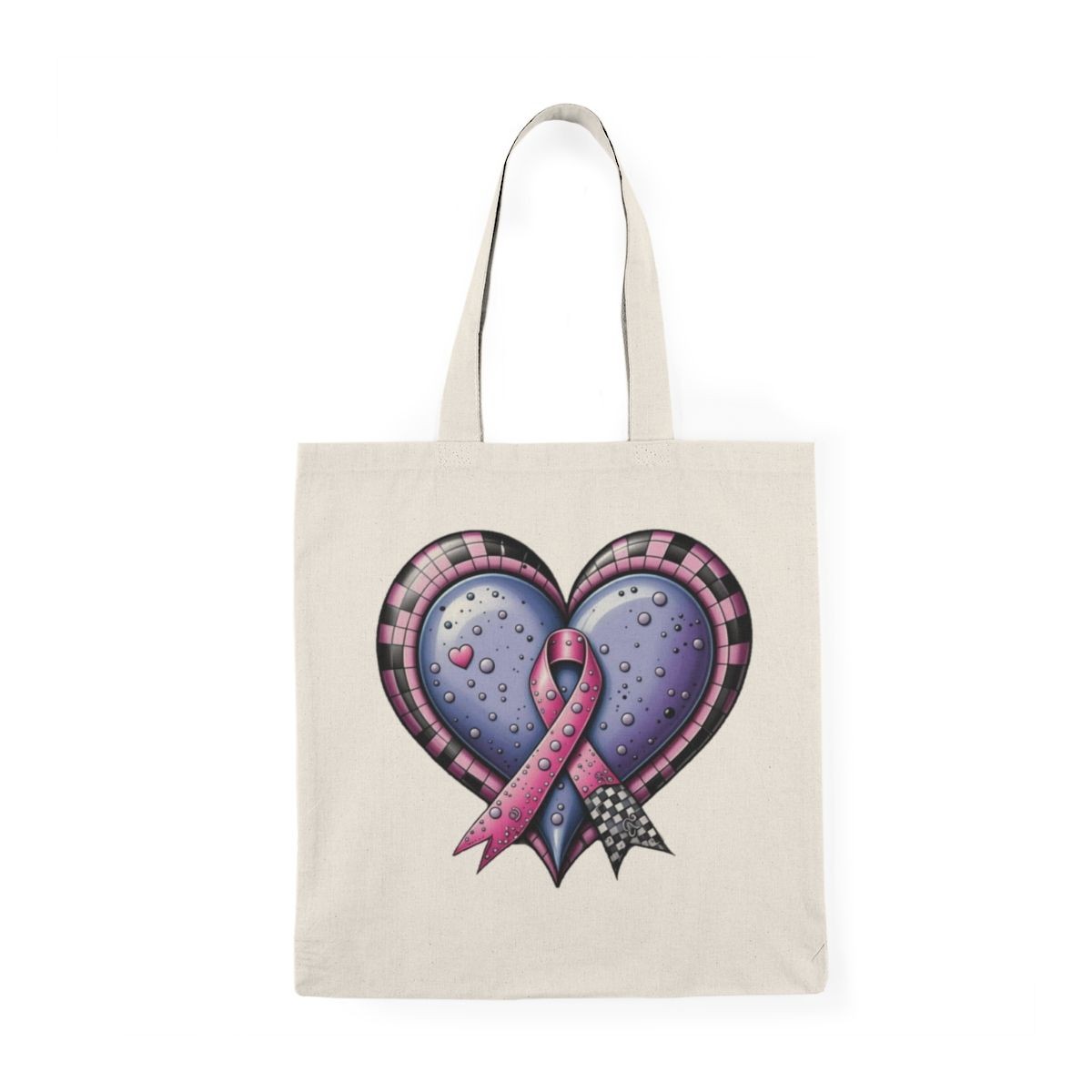 Canvas tote bag with a purple heart and pink ribbon design on the front.